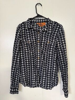 Tory Burch Dark Navy and White Puffer Fish Print Button-Up Blouse